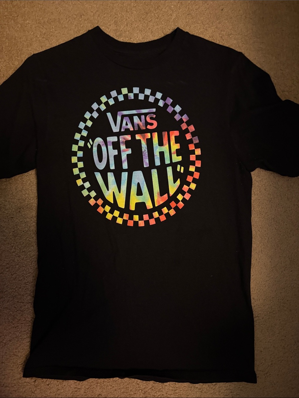 Vans Black Tee with Rainbow Checker 'Off The Wall' Logo